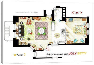 V.2 Floorplan Of Betty Suarez's Apartment From Ugly Betty Canvas Art Print - Sitcoms & Comedy TV Show Art