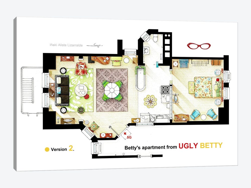 V.2 Floorplan Of Betty Suarez's Apartment From Ugly Betty by TV Floorplans & More 1-piece Canvas Wall Art