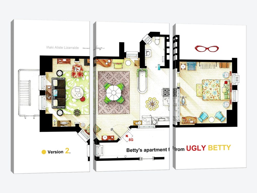 V.2 Floorplan Of Betty Suarez's Apartment From Ugly Betty by TV Floorplans & More 3-piece Canvas Art