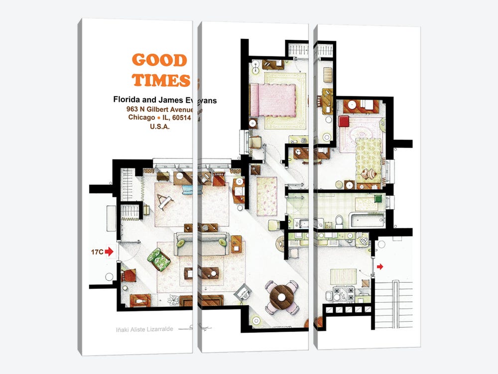 Floorplan From The Tv Series Good Times by TV Floorplans & More 3-piece Canvas Art
