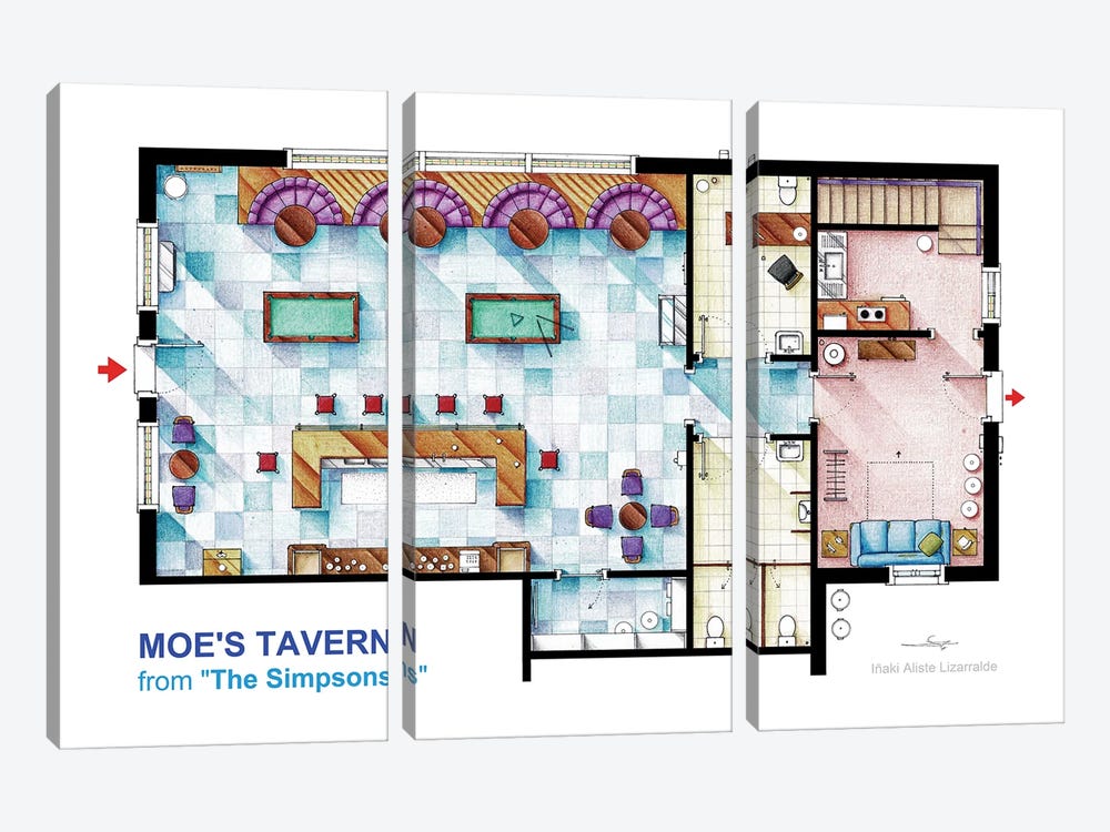Floorplan Of Moe's Tavern From The Simpsons by TV Floorplans & More 3-piece Canvas Print