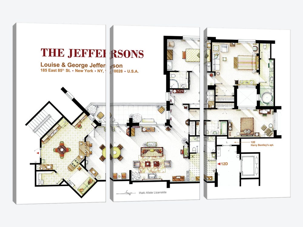 Floorplan From The Tv Series The Jeffersons by TV Floorplans & More 3-piece Canvas Art Print