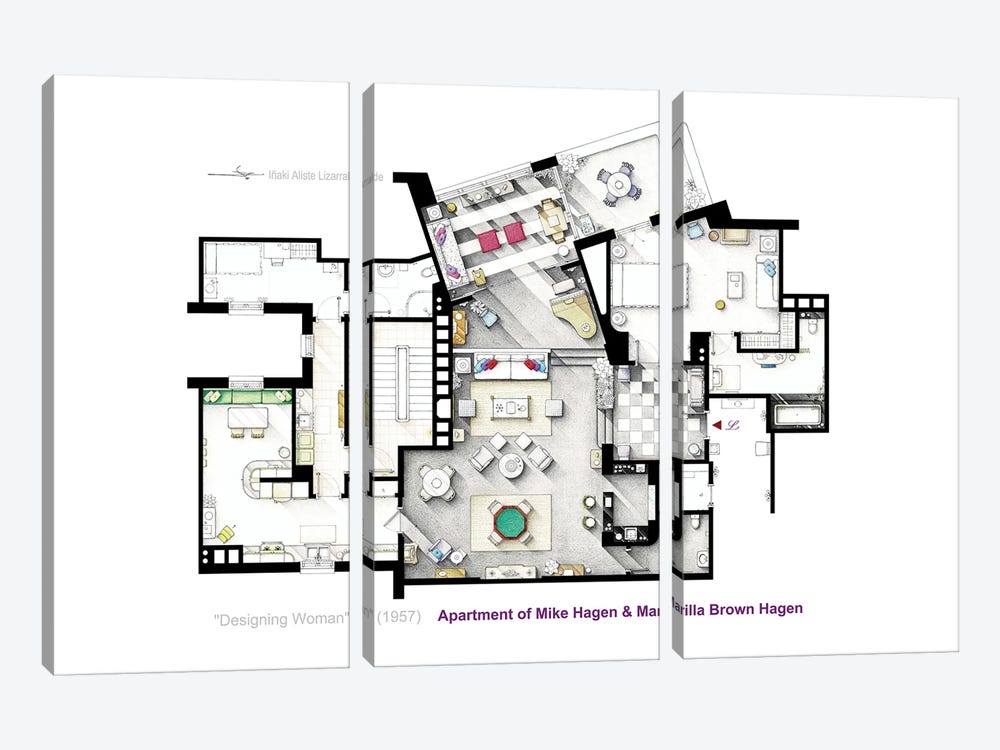 Floorplan From The Movie Designing Woman (1957) by TV Floorplans & More 3-piece Canvas Artwork