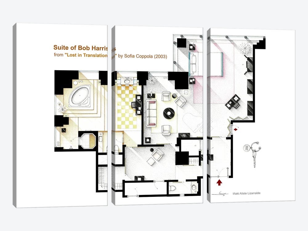 Lost In Translation - Suite Of Bob Harris Floorplan by TV Floorplans & More 3-piece Canvas Wall Art