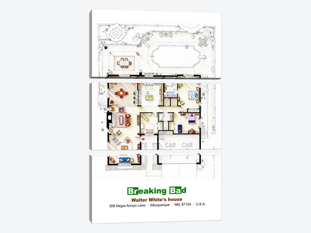 Floorplan From Breaking Bad - House by TV Floorplans & More 3-piece Canvas Wall Art
