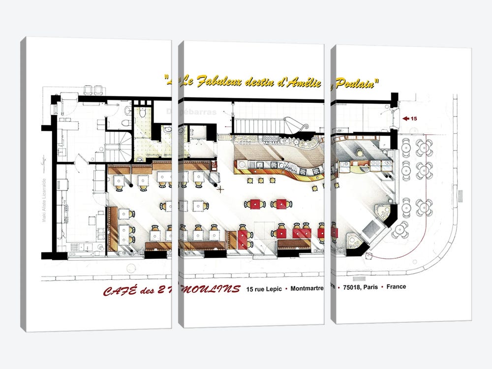 Floorplan Of Café Des 2 Moulins From "Amelie" by TV Floorplans & More 3-piece Canvas Print