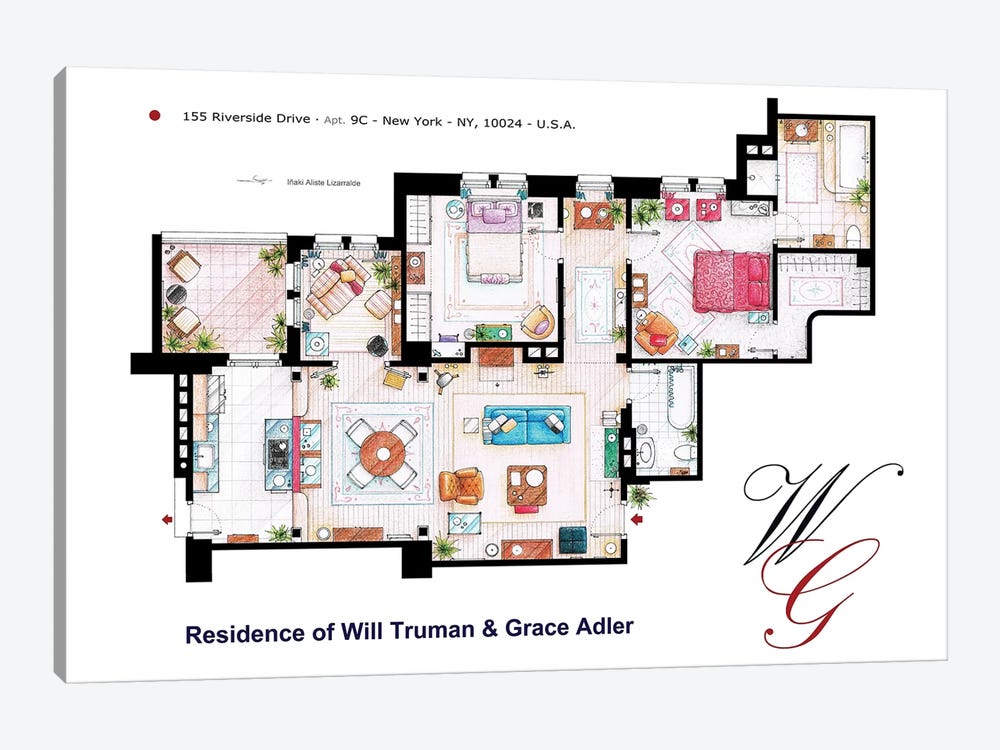 Apartment From Will & Grace by TV Floorplans & More 1-piece Canvas Art Print