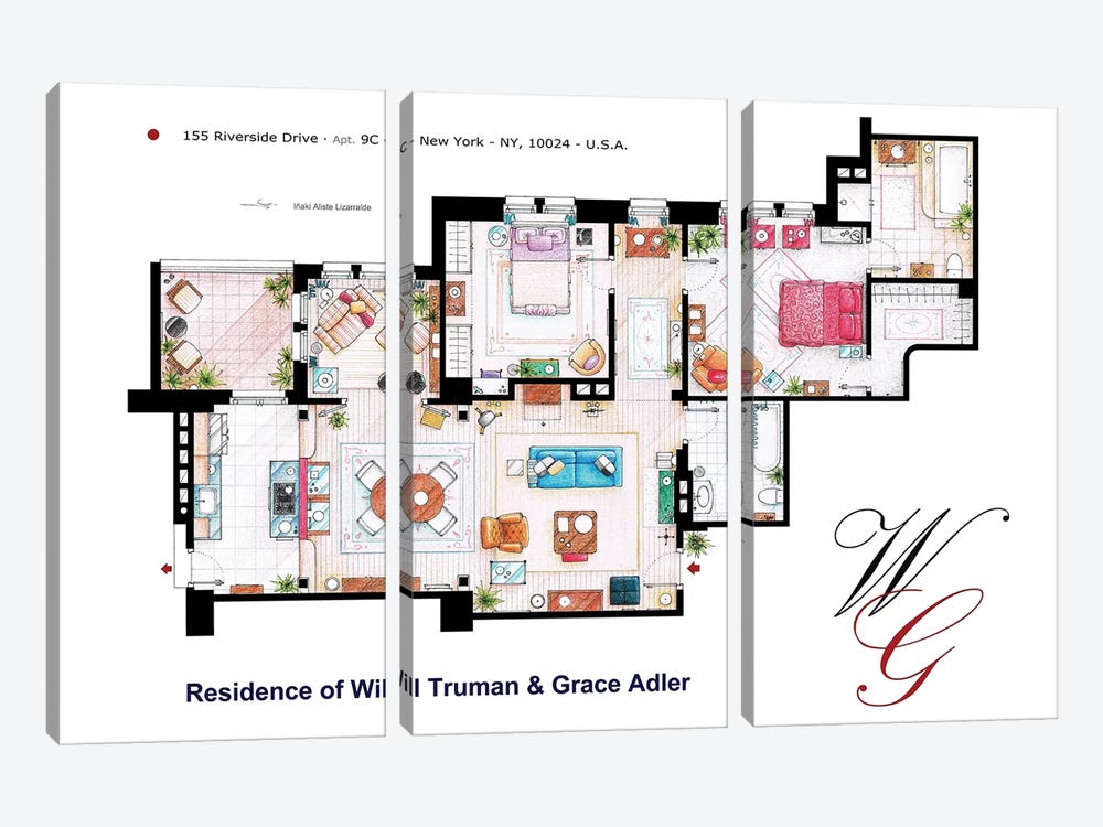Apartment From Will & Grace by TV Floorplans & More 3-piece Canvas Art Print