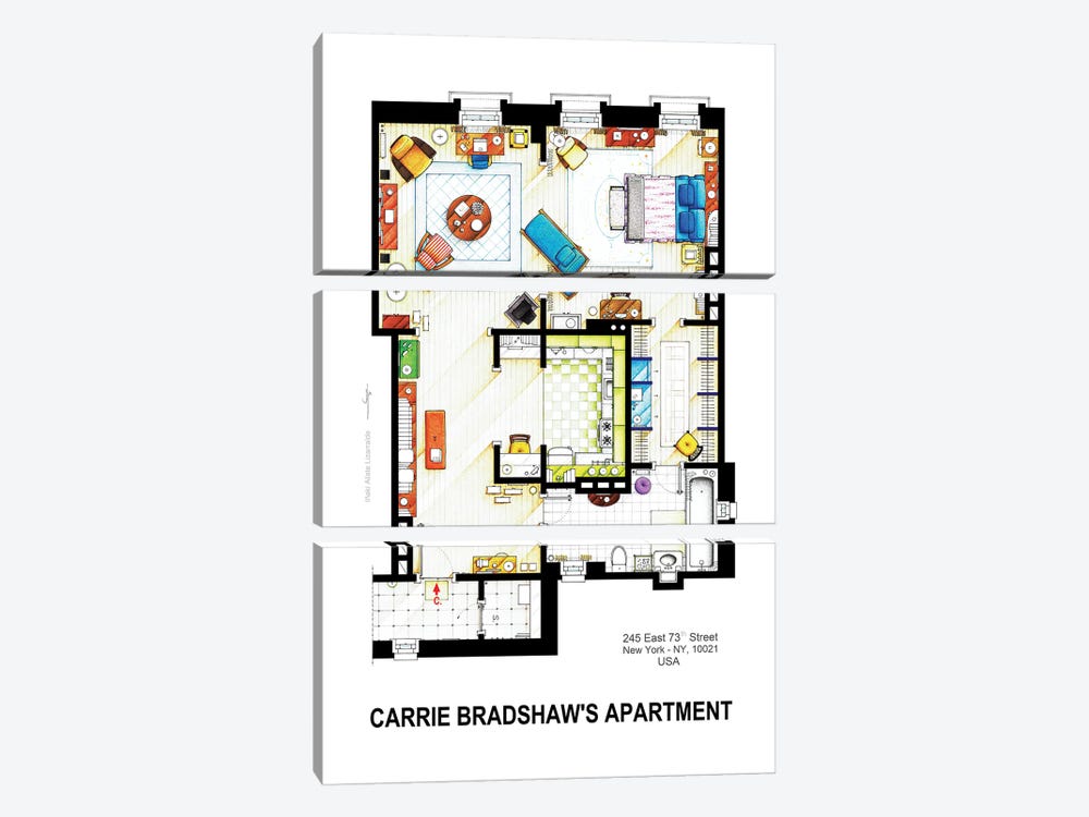 Apartment Of Carrie Bradshaw From Sex & The City by TV Floorplans & More 3-piece Canvas Art Print
