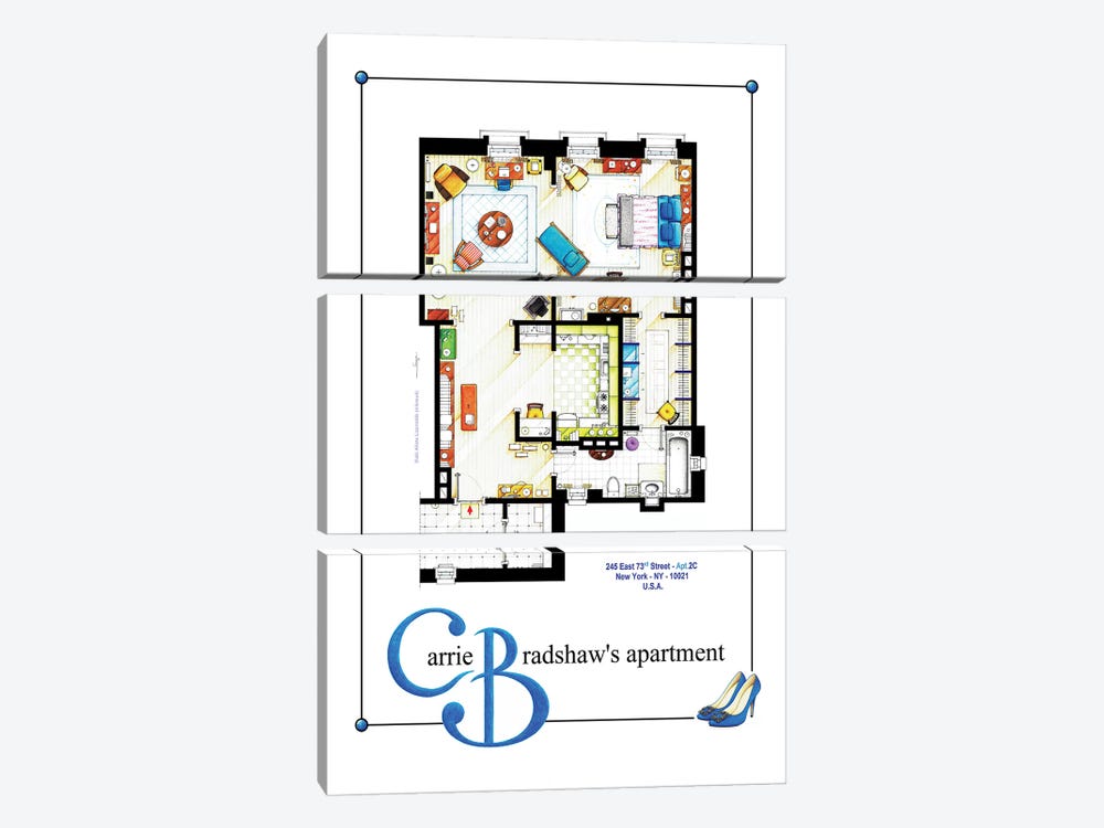 Apartment Of Carrie Bradshaw From Sex & The City - Poster Version by TV Floorplans & More 3-piece Canvas Artwork