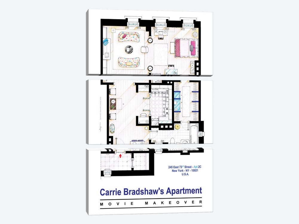 Apartment Of Carrie Bradshaw From Sex & The City Film by TV Floorplans & More 3-piece Canvas Print