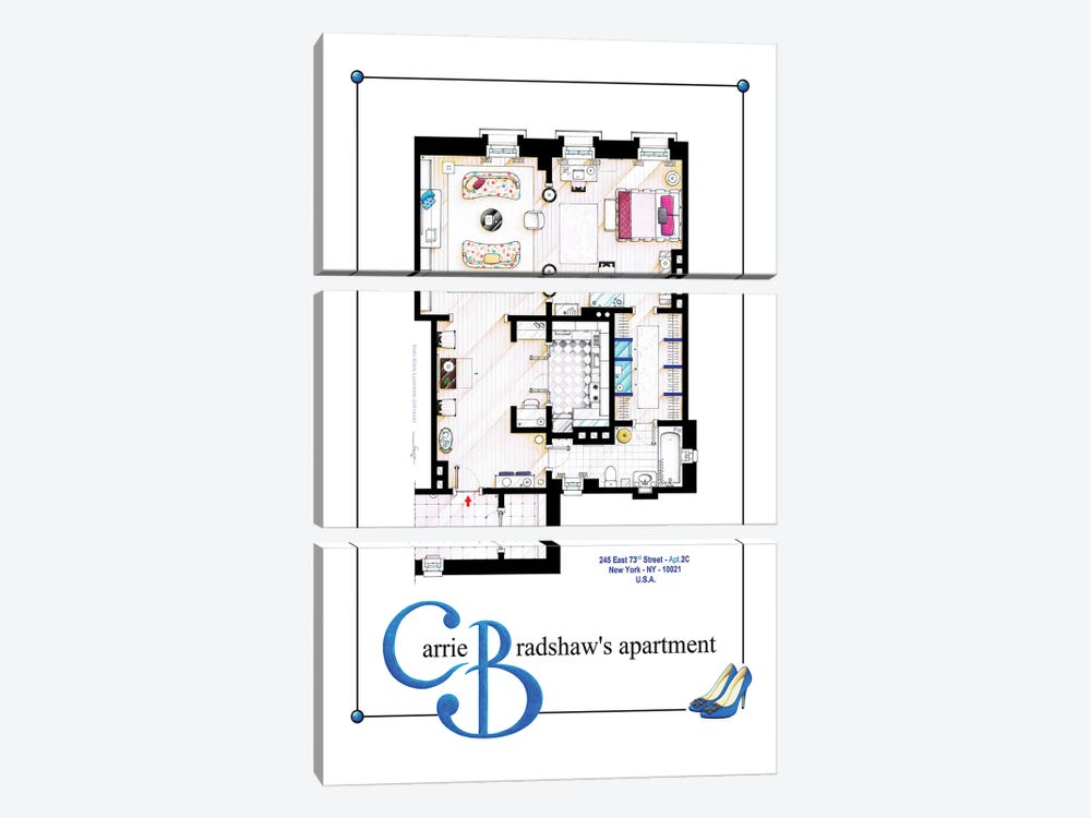 Apartment Of Carrie Bradshaw From Sex & The City Film - Poster Version by TV Floorplans & More 3-piece Canvas Art