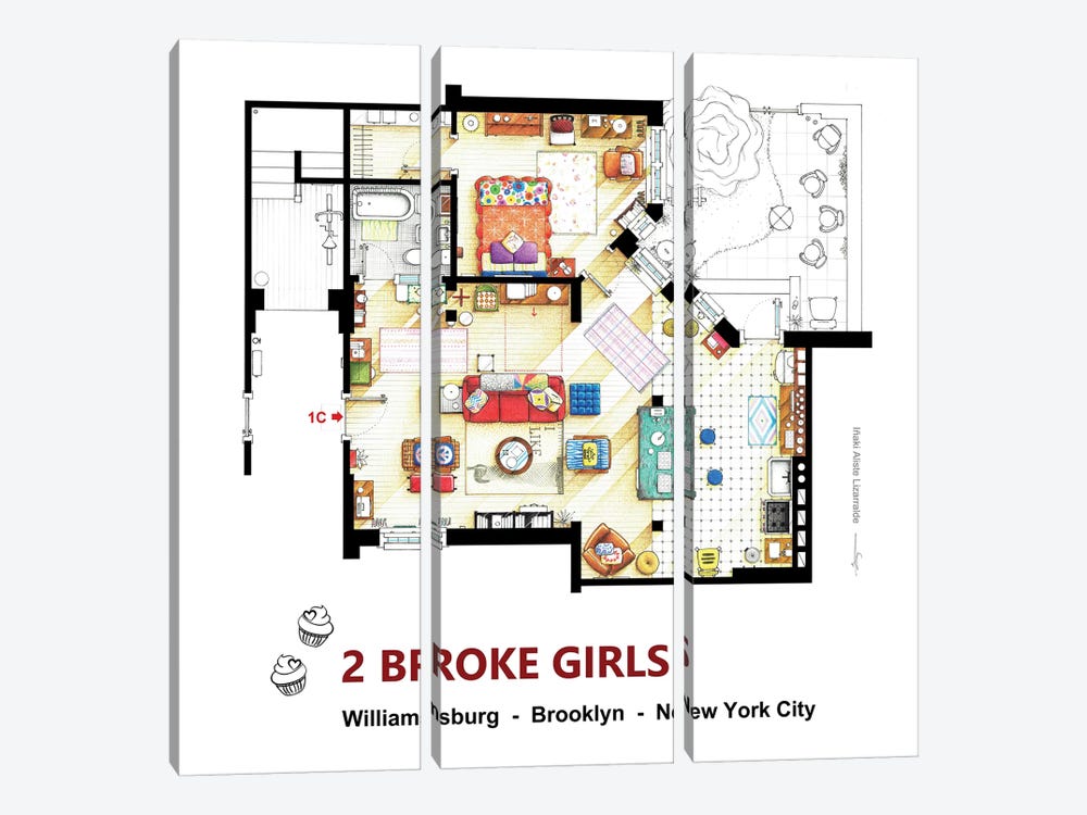 Apartment From 2 Broke Girls by TV Floorplans & More 3-piece Canvas Print