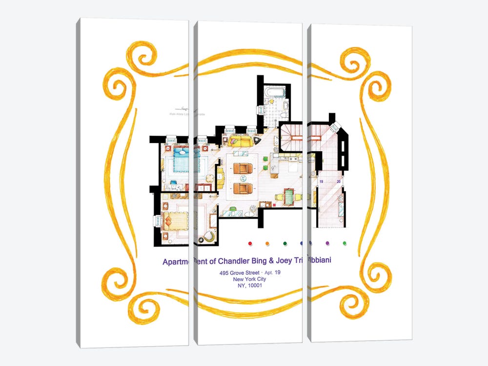 Apartment Of Chandler & Joey From Friends by TV Floorplans & More 3-piece Canvas Wall Art