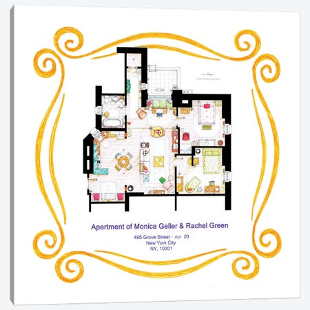 Apartment Of Monica & Rachel From Friends Canvas Print #TVF23} by TV Floorplans & More Canvas Wall Art