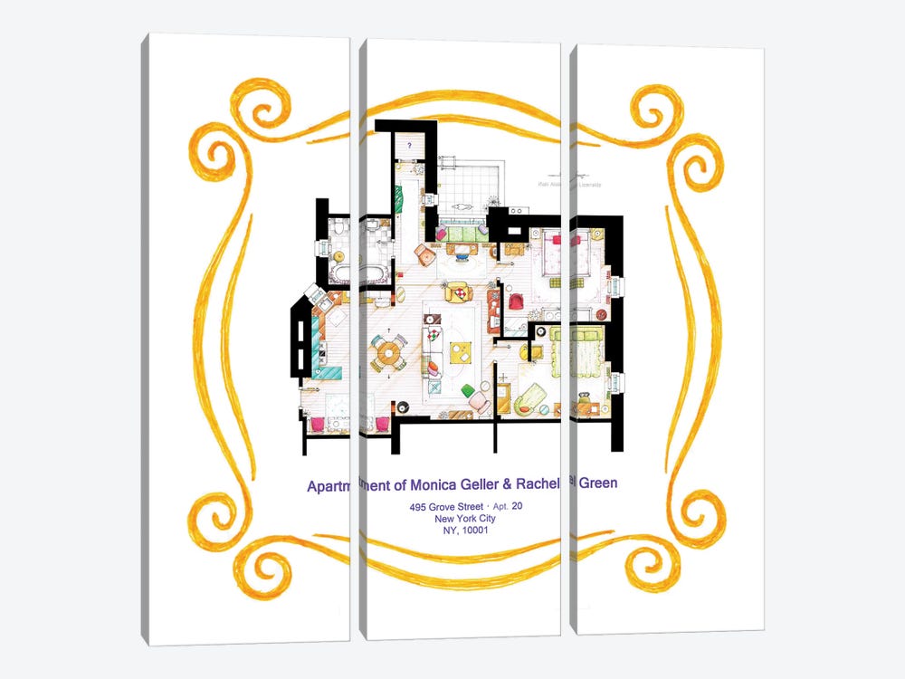 Apartment Of Monica & Rachel From Friends by TV Floorplans & More 3-piece Art Print