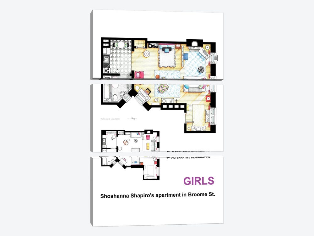Apartment Of Shoshanna Shapiro From Girls -Alternative Version by TV Floorplans & More 3-piece Canvas Art Print