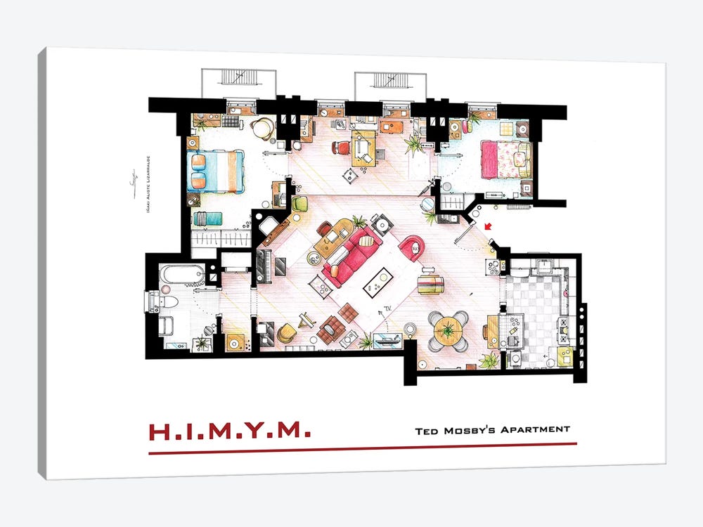 Apartment Of Ted Mosby From How I Met Your Mother by TV Floorplans & More 1-piece Canvas Artwork