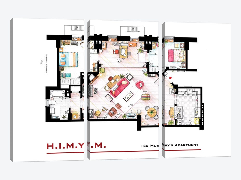 Apartment Of Ted Mosby From How I Met Your Mother by TV Floorplans & More 3-piece Canvas Art