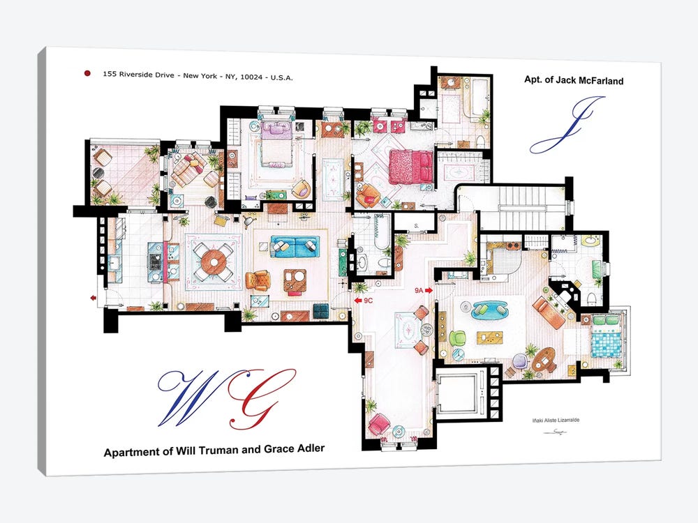Apartments Of Will & Grace (And Jack) From Will & Grace by TV Floorplans & More 1-piece Canvas Artwork