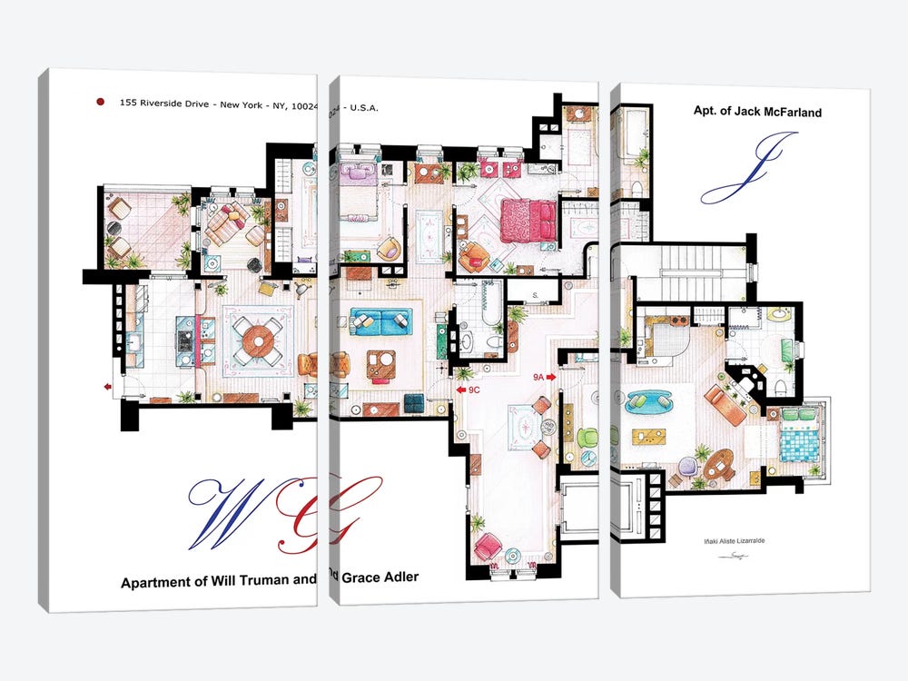 Apartments Of Will & Grace (And Jack) From Will & Grace by TV Floorplans & More 3-piece Canvas Art