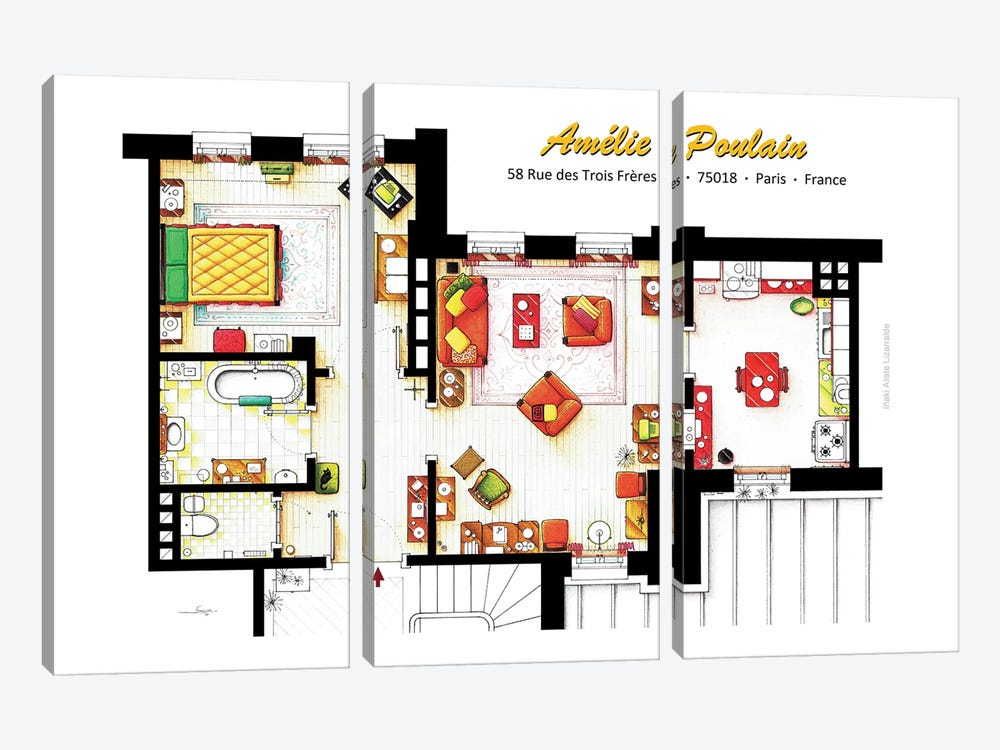 Apartment From Amelie In Paris by TV Floorplans & More 3-piece Canvas Wall Art