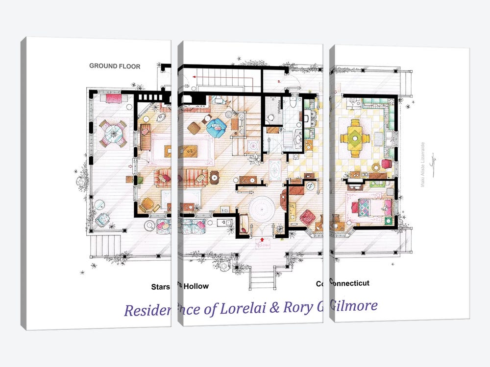 House From Gilmore Girls - Ground Floor by TV Floorplans & More 3-piece Canvas Art