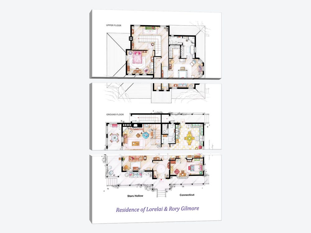 House From Gilmore Girls - Poster Version by TV Floorplans & More 3-piece Canvas Print