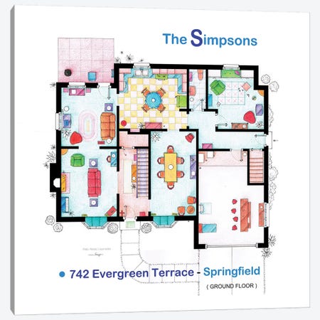 House From The Simpsons - Ground Floor Canvas Print #TVF35} by TV Floorplans & More Canvas Art