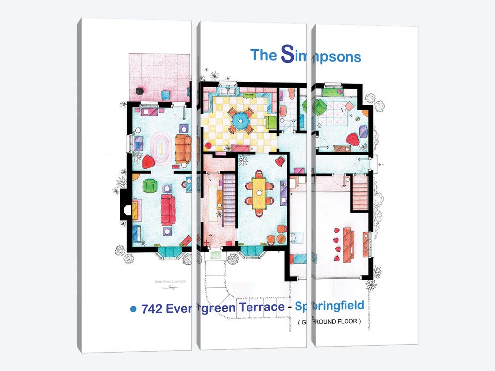House From The Simpsons - Ground Floor by TV Floorplans & More 3-piece Canvas Wall Art