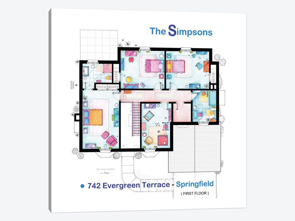 House From The Simpsons - Upper Floor by TV Floorplans & More 1-piece Canvas Artwork
