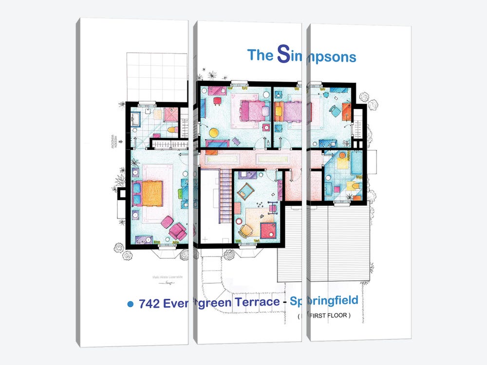 House From The Simpsons - Upper Floor by TV Floorplans & More 3-piece Canvas Artwork