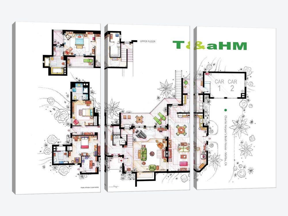 House From Two And A Half Men by TV Floorplans & More 3-piece Canvas Print