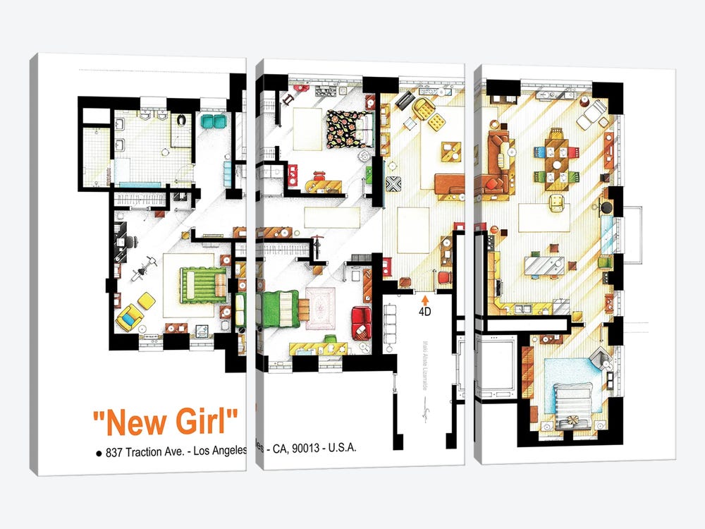 Loft/Apartment From New Girl by TV Floorplans & More 3-piece Canvas Wall Art