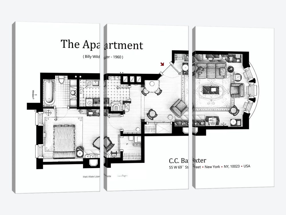 The Apartment From The Apartment by TV Floorplans & More 3-piece Canvas Print