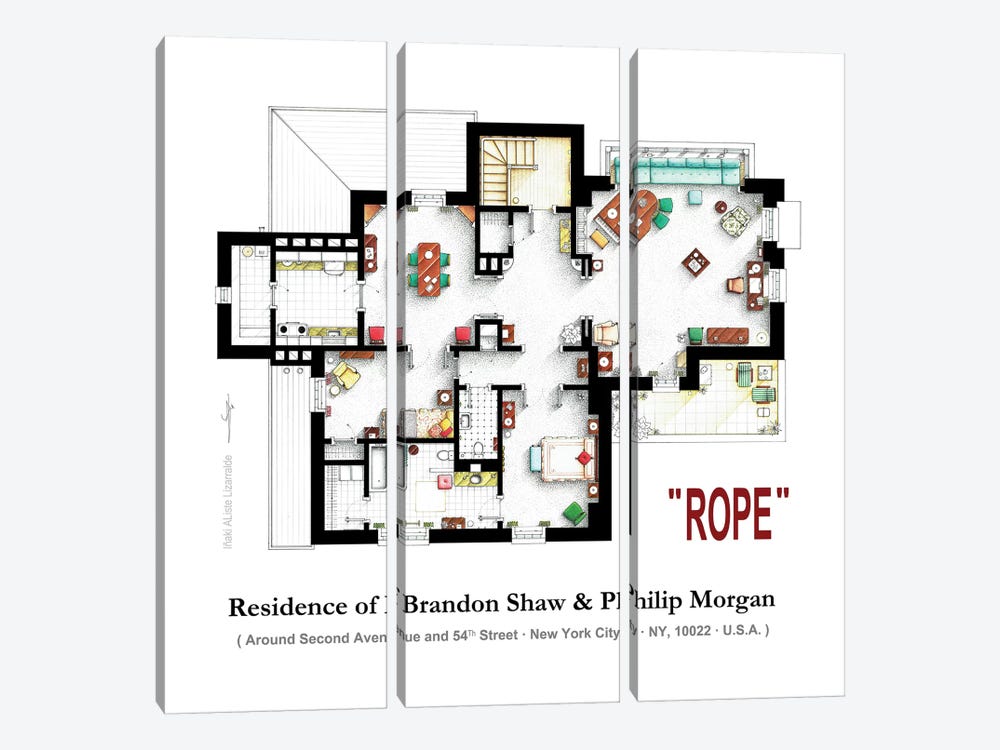 Apartment From The Film Rope By Alfred Hitchcock by TV Floorplans & More 3-piece Canvas Print
