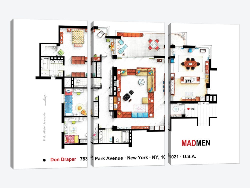 Don Draper's Apartment From Mad Men by TV Floorplans & More 3-piece Canvas Art