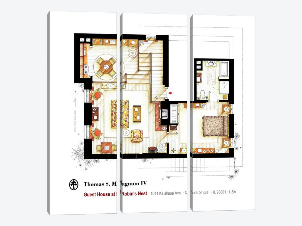 Residence Of Magnum P.I. - Main Floor by TV Floorplans & More 3-piece Canvas Art