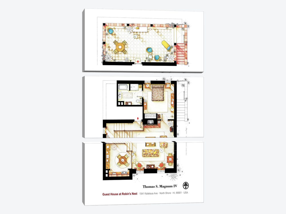 Residence Of Magnum P.I. - Poster by TV Floorplans & More 3-piece Canvas Art Print