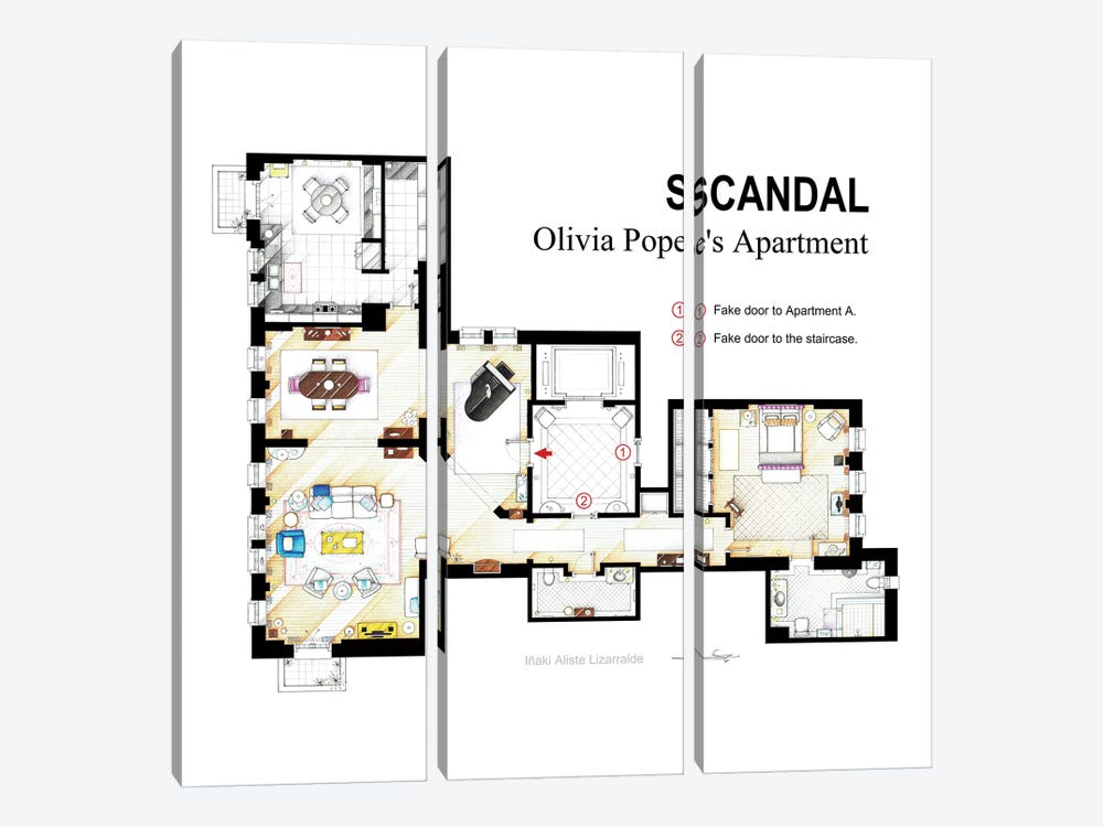 Olivia Pope's Apartment From Scandal by TV Floorplans & More 3-piece Canvas Artwork