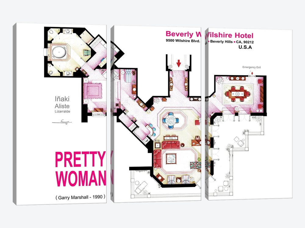 Floorplan of the suite from PRETTY WOMAN by TV Floorplans & More 3-piece Canvas Print