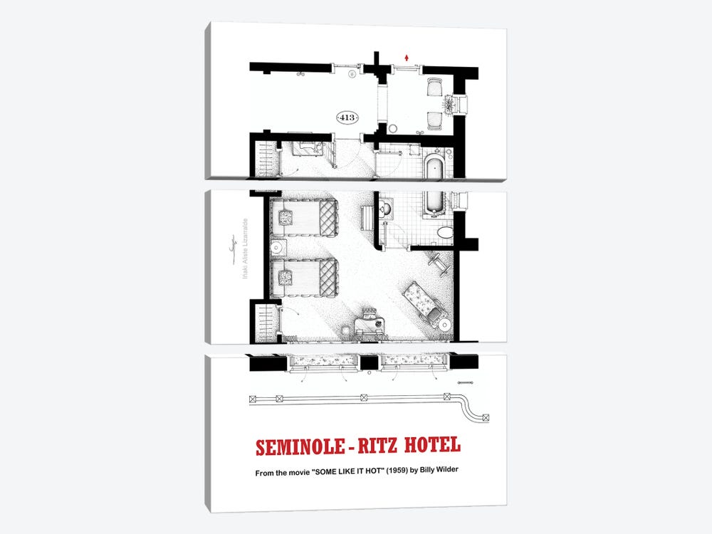 Floorplan of hotel room from the movie SOME LIKE IT HOT by TV Floorplans & More 3-piece Canvas Artwork