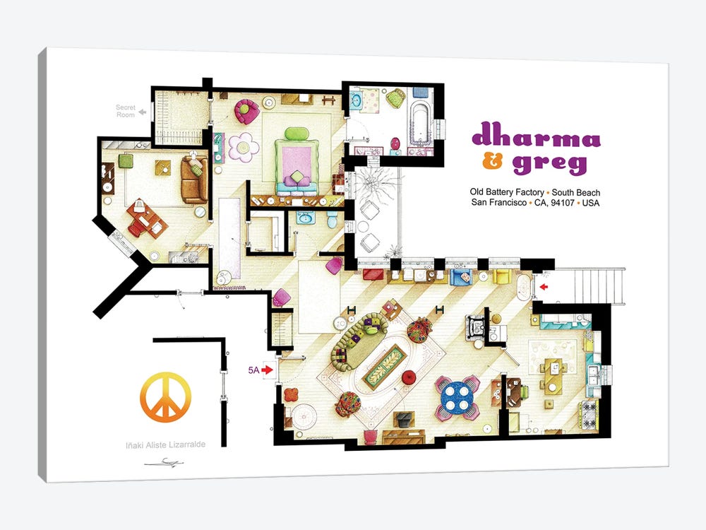 Floorplan From Dharma & Greg Tv Series by TV Floorplans & More 1-piece Canvas Print