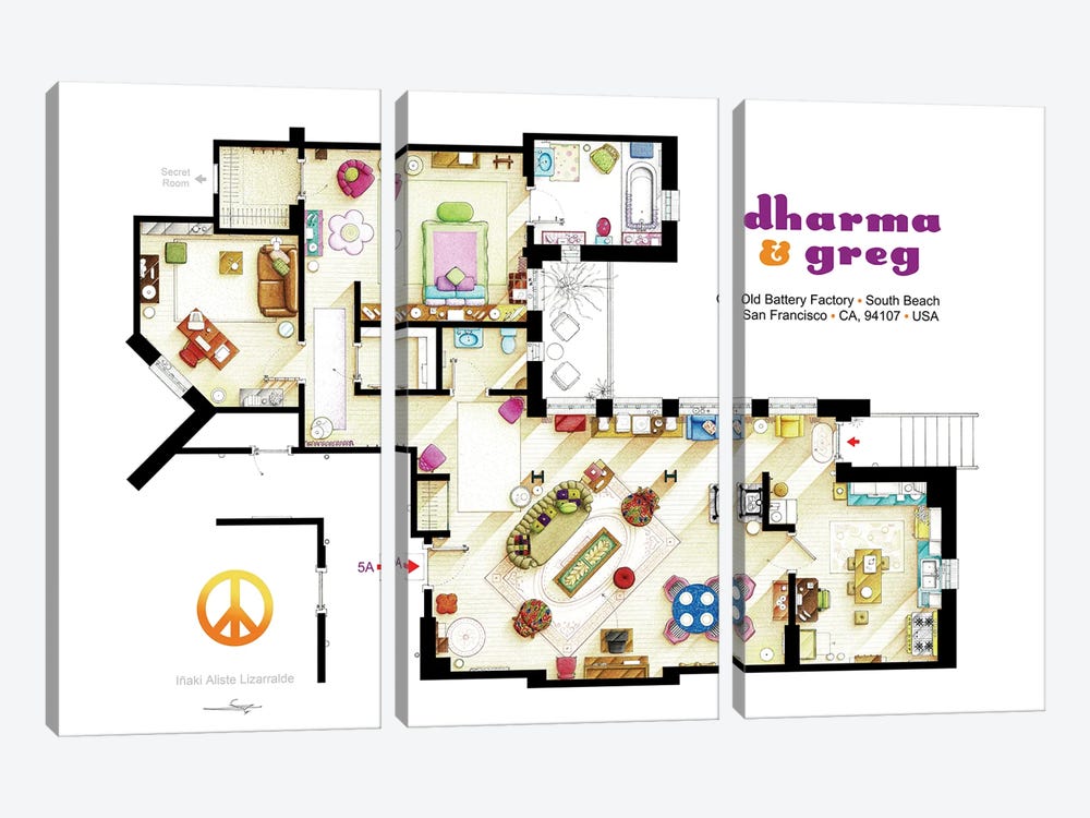 Floorplan From Dharma & Greg Tv Series by TV Floorplans & More 3-piece Canvas Art Print