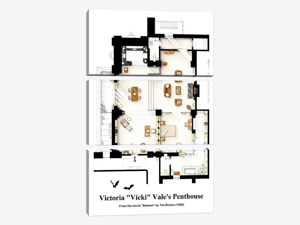 Floorplan Of Vicki Vale's Apartment From Batman by TV Floorplans & More 3-piece Canvas Wall Art