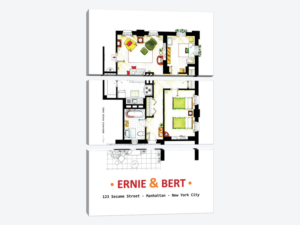 Ernie And Bert's Apartment by TV Floorplans & More 3-piece Art Print