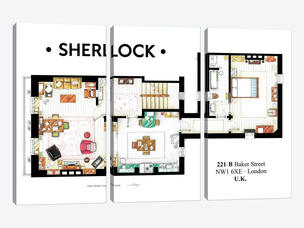 Apartment From BBC's Sherlock Series by TV Floorplans & More 3-piece Canvas Wall Art