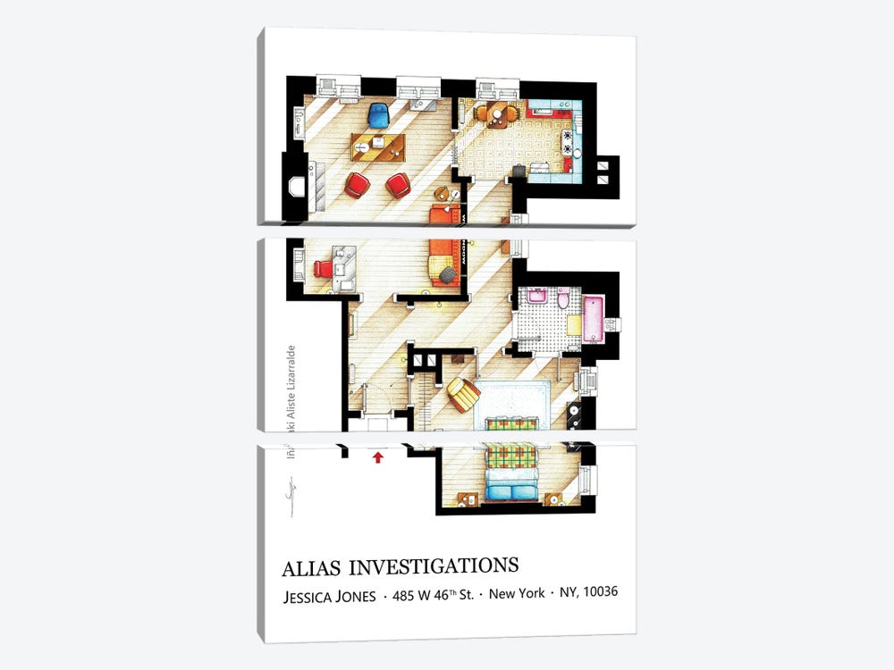 Apartment/Office Of Jessica Jones by TV Floorplans & More 3-piece Canvas Art Print