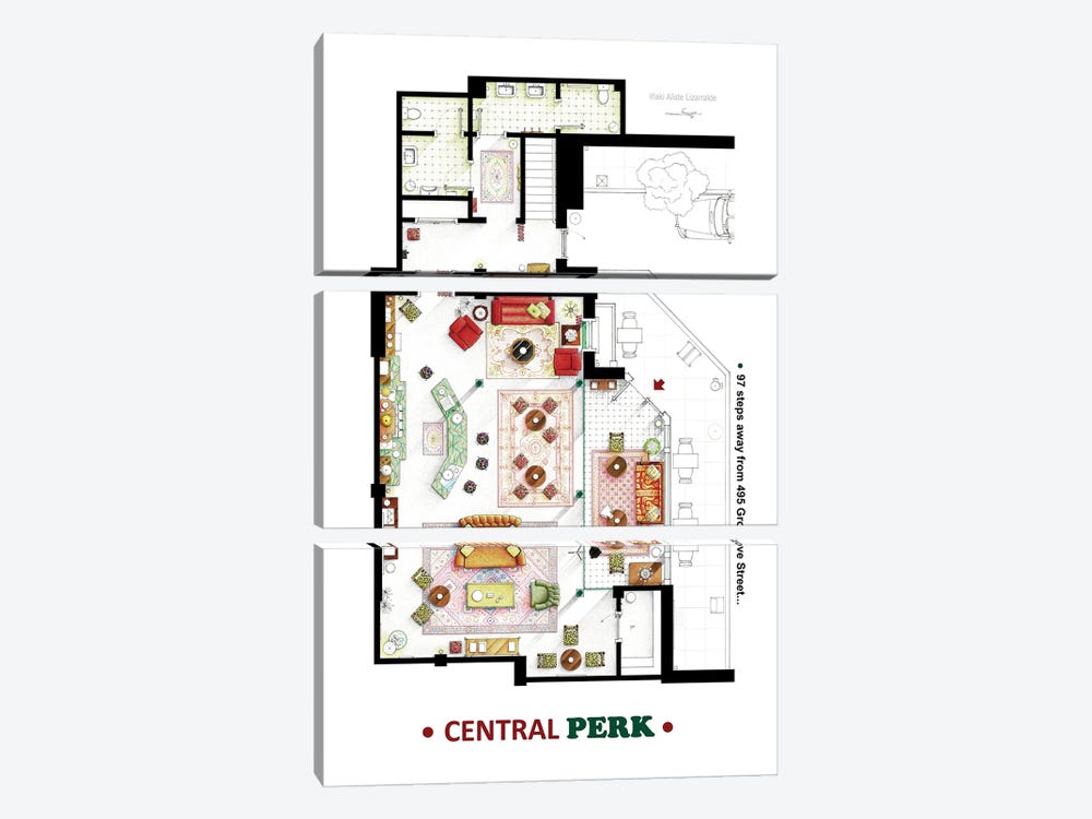 Floorplan Of Central Perk From Friends by TV Floorplans & More 3-piece Canvas Wall Art