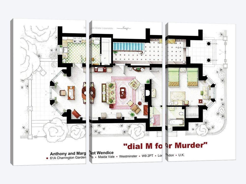 Floorplan From Hitchcock'S Dial M For Murder by TV Floorplans & More 3-piece Canvas Artwork